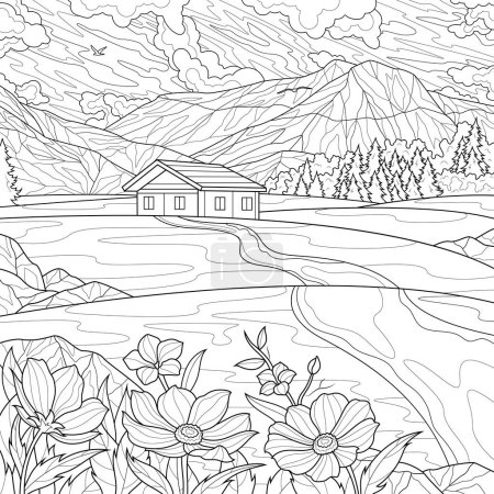 Illustration for House near the mountains and flowers.Coloring book antistress for children and adults. Illustration isolated on white background.Zen-tangle style. Hand draw - Royalty Free Image