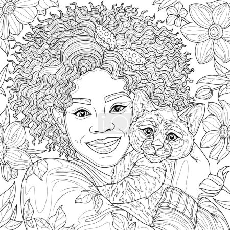 Foto de Chica con un gato en sus brazos entre las flores.Libro para colorear antiestrés para adultos. Ilustración aislada sobre fondo blanco.Estilo Zen-tangle. Dibujo manual - Imagen libre de derechos