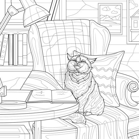 Illustration for The cat is sitting on a armchair.Coloring book antistress for children and adults. Illustration isolated on white background.Zen-tangle style. Hand draw - Royalty Free Image