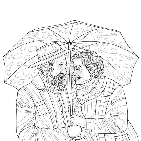 Foto de Una pareja de ancianos bajo un paraguas. Un hombre y una mujer.Dibujo para colorear antiestrés para niños y adultos. - Imagen libre de derechos
