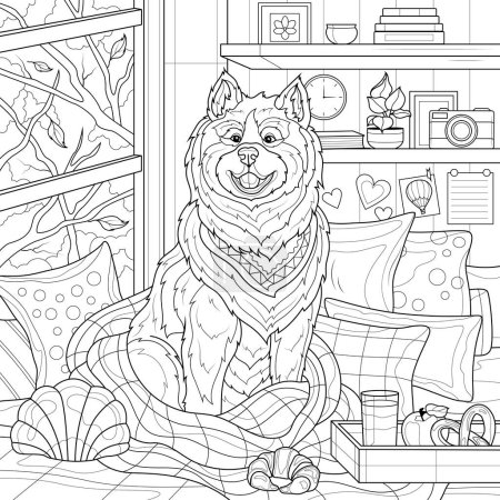 Illustration for Dog with a blanket on the bed. Autumn.Coloring page antistress for children and adults. Illustration isolated on white background. - Royalty Free Image