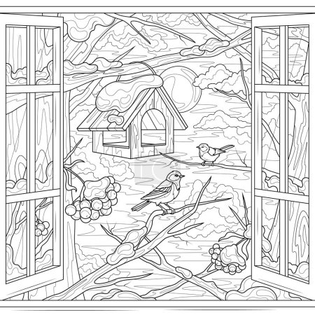 Birds outside the window in winter. Coloring book antistress for children and adults.