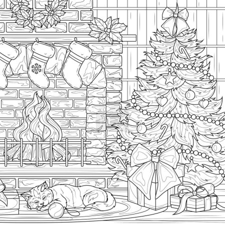 Foto de Árbol de Navidad y chimenea. Libro para colorear antiestrés para niños y adultos. - Imagen libre de derechos