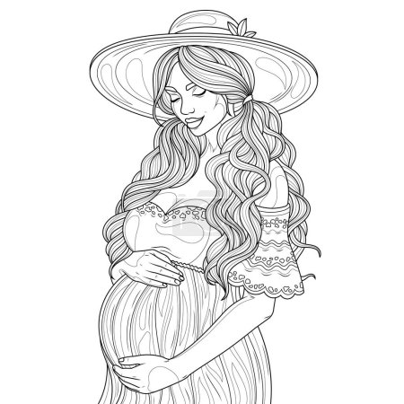 Mujer embarazada en vestido y sombrero.Libro para colorear antiestrés para niños y adultos.