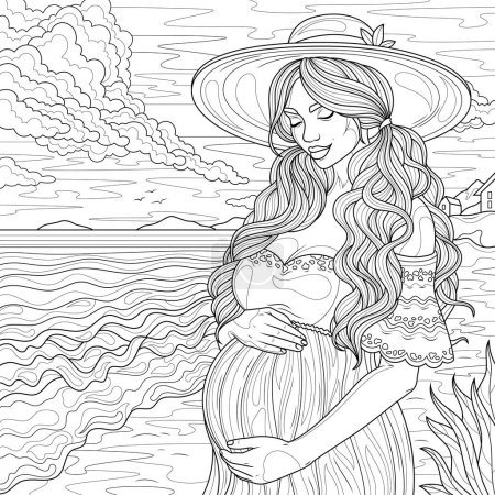 Chica embarazada en la playa. Libro para colorear antiestrés para niños y adultos.