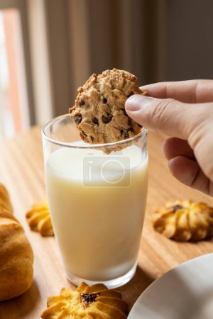 Foto de Detalles y textura, sosteniendo una galleta hecha a mano con chispas de chocolate, sumergiendo el postre en un vaso de leche, deliciosa comida y bebida como fondo de pantalla, tratar - Imagen libre de derechos