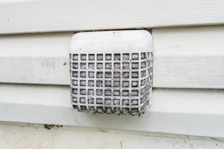 exterior dryer vent guard is clogged with debris and dryer lint and is a safety hazard