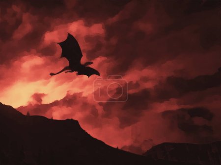 Dragon on the background of the fiery sky, silhouettes of mountains, fantasy world