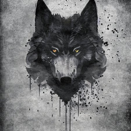 Black wolf stylized, dark paint splashes, old paper texture