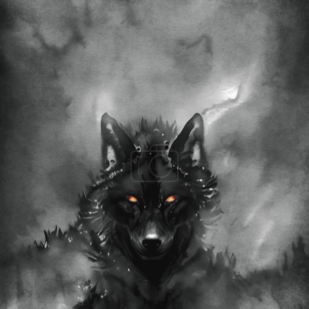Black Wolf with glowing eyes. Mystical fog, demonic essence