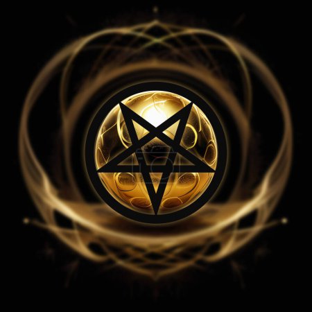 Téléchargez les photos : Pentagramme satanique sur fond de substance dorée. Symbole magique, occultisme et ésotérisme - en image libre de droit