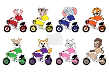Téléchargez les illustrations : Mignon animal dessin animé tour moto - en licence libre de droit