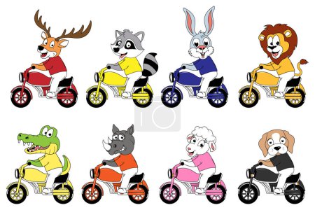 Téléchargez les illustrations : Mignon animal dessin animé tour moto - en licence libre de droit