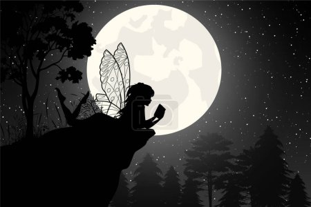 Téléchargez les illustrations : Mignon fée et lune silhouette illustration graphique - en licence libre de droit