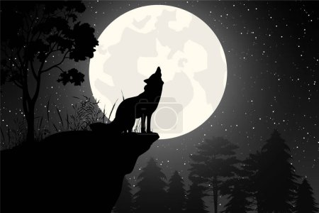 niedlichen Wolf und Mond Silhouette Illustration Grafik