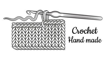 Illustration for Crochet knitting, crocheting hook tool with cotton or wool yarn thread, hand knit pattern line icon. Needlework steel accessory. Handmade knitted knitwear. Make woolen fabric, textile clothes. DIY creative craft hobby, knitter workshop outline vector - Royalty Free Image