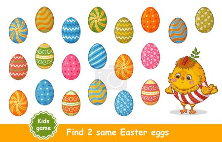 Ilustración de Easter holiday children education puzzle game. Find two same colored chicken egg. Search identical pair picture painted eggshell with decorative ornament. Cute little chick rooster bird character. Preschool logical learning task. Kid worksheet vector - Imagen libre de derechos