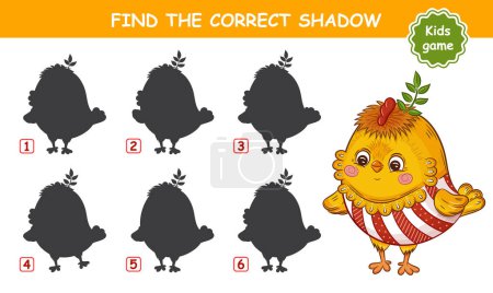 Ilustración de Cute chick rooster Easter holiday bird find correct shadow shape. Children education matching game. Baby chicken farm animal cartoon character in colored egg shell. Search right silhouette. Kids riddle puzzle. Preschool learning logical task. Vector - Imagen libre de derechos