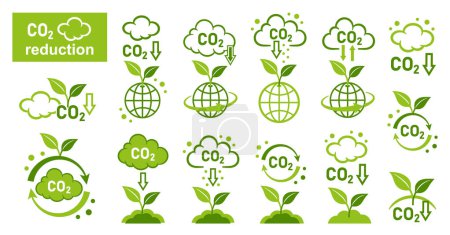 Illustration for CO2 emission reduction, green plants carbon dioxide recycling, offset, carbonic greenhouse gas reduce icon set. Neutral air pollution. Smoke cloud, smog. Low atmosphere contamination. Clean eco technology. Prevent global ecology climate change vector - Royalty Free Image
