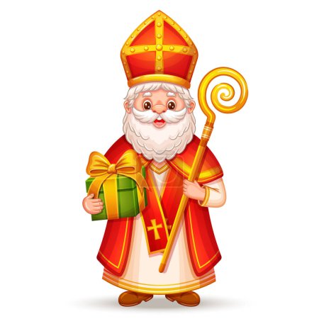 Illustration for Cute Saint Nicholas or Sinterklaas character with children gift box, happy St Nicholas winter holiday day. Christian bishop in religion festive costume hold surprise present. Funny Christmas Santa magic old man. Kid greeting card. Cartoon vector - Royalty Free Image