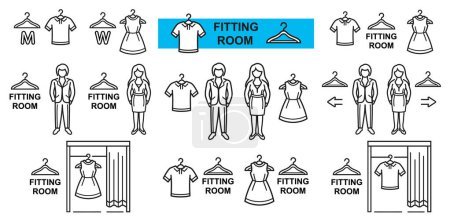 Man woman fitting and changing room, person try clothing in store line icon set. Male and female public dressing cabin. Clothes hanger with dress, t-shirt. Choose and buying fashion cloth in retail shop. Wardrobe textile rack. Cloakroom sign. Vector