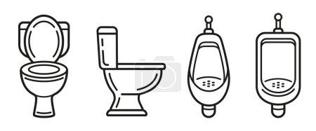 Ilustración de Asiento del inodoro, tazón de orinal masculino en el baño público, pissoir de cerámica para los hombres WC inodoro, armario de agua de lavado en el conjunto de iconos de la línea de baño. Lavadero de plomería. Sartén de pared para caballero. Equipo sanitario de higiene en el hogar. Esquema vector - Imagen libre de derechos