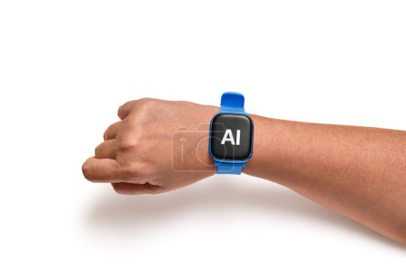 Photo for Arm displaying smartwatch screen showing AI, indicating artificial intelligence feature - Royalty Free Image