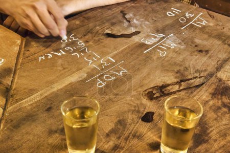Photo for Calculating the total price of the products consumed in a "tabanco" on the bar, in the traditional way, with a chalk, next to two glasses of wine known as "fino" typical in the south of Spain. - Royalty Free Image