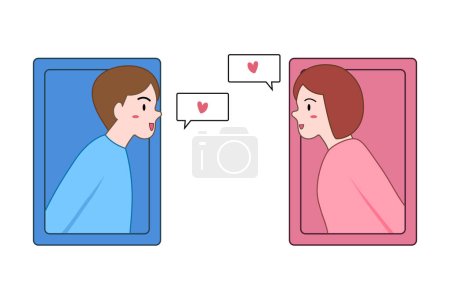 Fernbeziehung und Online-Dating. Frau und Mann unterhalten sich per Handy. Romantischer Moment. Illustration zu Paaren