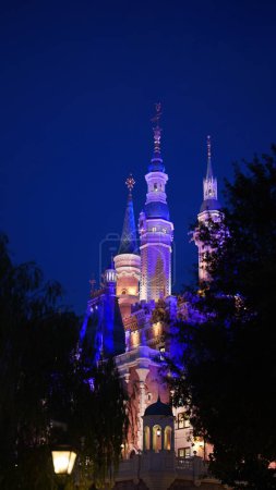 Foto de La vista del castillo de Disney con los edificios coloridos y luces encendidas - Imagen libre de derechos