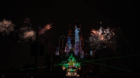Foto de La vista del castillo de Disney con los edificios coloridos y espectáculo de fuegos artificiales como fondo - Imagen libre de derechos