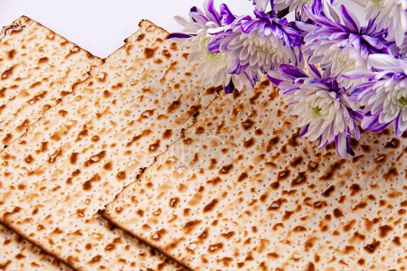 Passover background with matzah and white and purple gerberas. Jewish holiday. View from above. Passover Passover Seder Passover celebration concept.