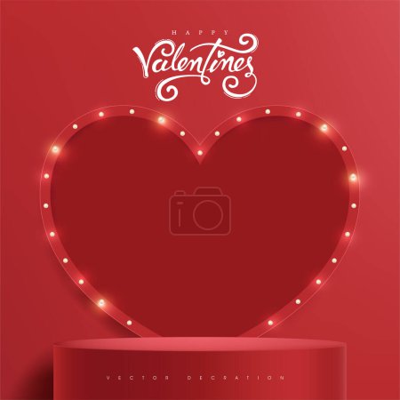 Illustration for Valentine's day sale banner background with red product display and Retro light bulbs heart shape sign background - Royalty Free Image