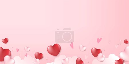 Téléchargez les illustrations : Bannière carte Saint-Valentin avec confettis Coeur tombant sur fond nuage rose - en licence libre de droit