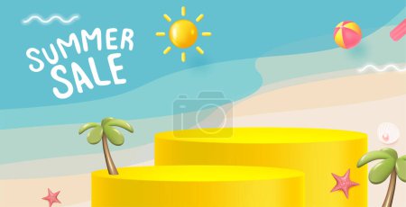 Illustration for Summer sale banner with product display cylindrical shape - Royalty Free Image