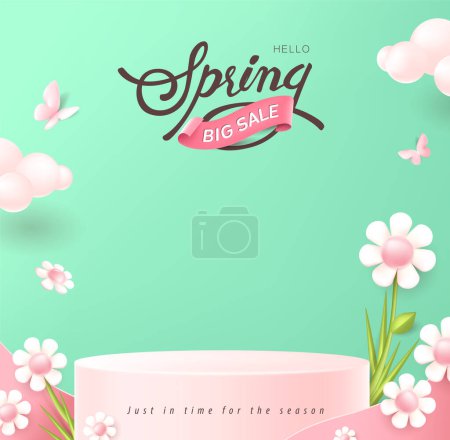 Illustration for Spring Sale Header or Banner Design Promotion layout with fresh bloom flowers and butterfly elements product display cylindrical shape - Royalty Free Image