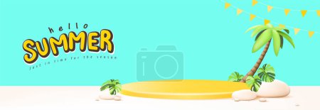 Téléchargez les illustrations : Bannière d'affiche de voyage d'été avec affichage de produit jaune podium été plage tropicale scène arrière-plan - en licence libre de droit