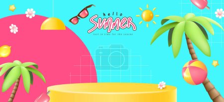 Ilustración de Banner de cartel de promoción de verano con exhibición de productos de podio amarillo vibraciones de playa tropical de verano y espacio vacío - Imagen libre de derechos