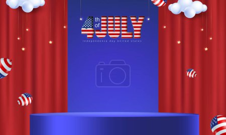 Téléchargez les illustrations : Jour de l'indépendance États-Unis vente affiche bannière arrière-plan avec affichage du produit scène forme cylindrique et décoration festive - en licence libre de droit
