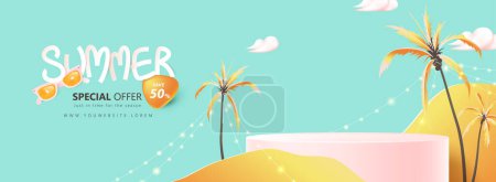 Ilustración de Plantilla de pancarta de cartel de venta de verano para promoción con pantalla de producto forma cilíndrica y diseño de escena de playa de verano - Imagen libre de derechos