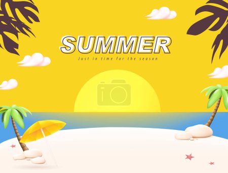 Illustration for Summer travel poster banner with sand and summer beach sunset scene design - Royalty Free Image