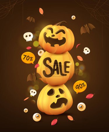 Illustration for Halloween sale banner or party invitation background with pumpkin funny faces and elements halloween party - Royalty Free Image