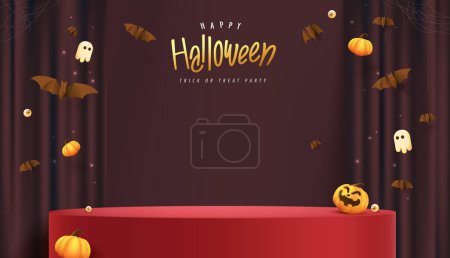 Illustration for Happy Halloween banner with stage product display cylindrical shape and festive decoration for Halloween - Royalty Free Image