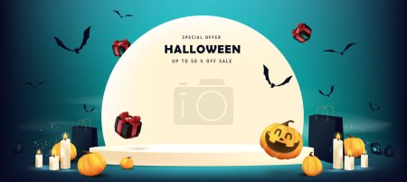 Ilustración de Feliz Halloween venta banner luna noche escena con pantalla de producto y espacio de copia - Imagen libre de derechos