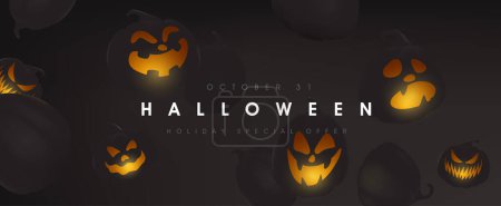Téléchargez les illustrations : Bannière Halloween joyeuse avec citrouille Halloween flottant dans l'obscurité - en licence libre de droit