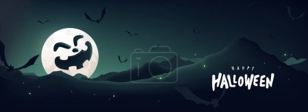 Téléchargez les illustrations : Joyeux paysage de scène de nuit de bannière d'Halloween avec la mouche de feu et les chauves-souris volant et la lune dans le visage de citrouille d'Halloween - en licence libre de droit