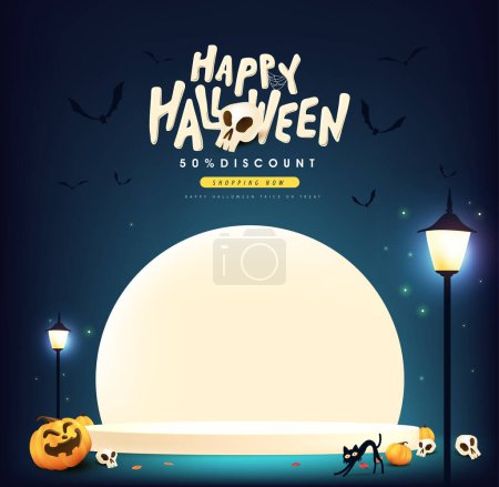Illustration for Happy Halloween sale banner moon night scene with product display and copy space - Royalty Free Image