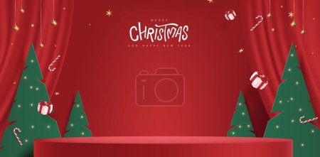 Téléchargez les illustrations : Bannière de Noël joyeuse avec affichage du produit de scène forme cylindrique et décoration festive pour Noël - en licence libre de droit