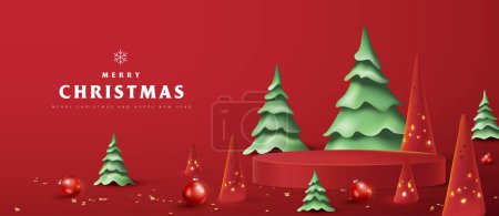 Illustration for Merry Christmas banner with product display cylindrical shape and Ceramic Christmas Tree Candle Holder Christmas Lights - Royalty Free Image