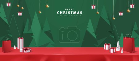 Illustration for Merry Christmas banner red tablecloth product display with copy space and gift box decorate christmas tree abstract background - Royalty Free Image